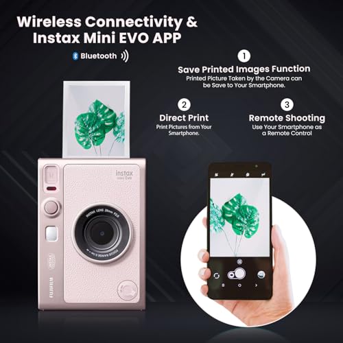 Image of Fujifilm Instant Mini EVO Hybrid Camera Bundle with 20 Instant Film Sheets + 32GB Memory Card + Carrying Case + Flex Tripod + BluebirdSales Cleaning Cloth (Gentle Pink)