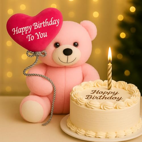Image of ZEXSAZONE Happy Birthday Teddy Bear Soft Toy - Cute Pink Plush Teddy with Heart & Balloon | 24 cm for Kids, Girls, Boys, and Loved Ones