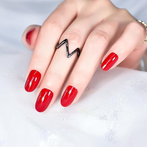 Glossy Summer Soild Bright Red Press On Nails Short Oval False Nail Art Tips Full Cover Reusable Salon Beauty Medium Fake Fingernails Acrylic Nails Manicure for Women Girls