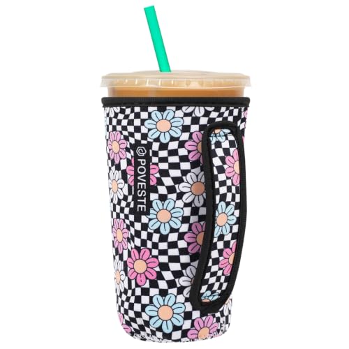 Image of Reusable Neoprene Insulator Sleeve for Iced Coffee & Cold Soda, Coffee Sleeves for Iced & Hot Drinks, Cold Beverage Cooler Compatible with Starbucks, Dunkin (Checkerboard&Daisy, Large: 32oz)