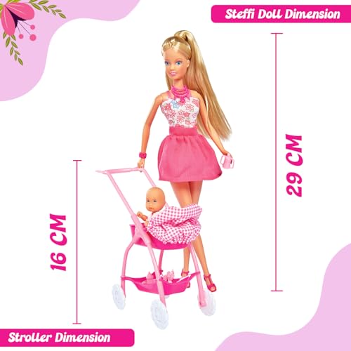 Image of Steffi Love Doll Set| Steffi Love Baby Walk Toy| Steffi with Baby & Stroll| Set of 15+ Baby Essentials| Pretend Play Set| Ideal Gift for Girls Age 3+ (Pink)