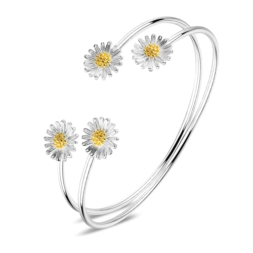 Abeillo Silver Daisy Opening Bangle Bracelet Adjustable, Fidget Bracelet Bangle Jewelry Gift for Ladies Women Girls Birthday Valentine's Day Gifts Mother's Day Gift