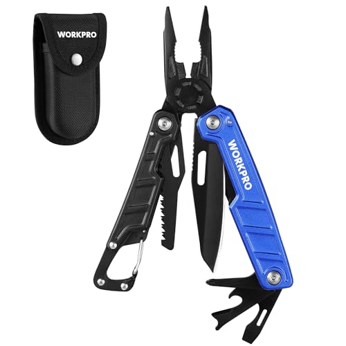 WORKPRO 11-in-1 Multi-Tool Pliers with Carabiner and Sheath, Stainless Steel Multi Tool with Carry Bag, Wire Cutter, Bottle Opener, Saw, Screwdriver, Carabiner for Camping Maintenance（Blue）