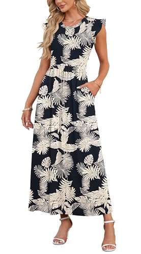 AUSELILY Damen Sommer Rundhalsausschnitt Maxi Kleid mit Taschen Kurzarm und Rüschen Lässiges Hohe Taille Langes Lockeres Bodenlanger Rock Dunkler Regenwald XXL 1