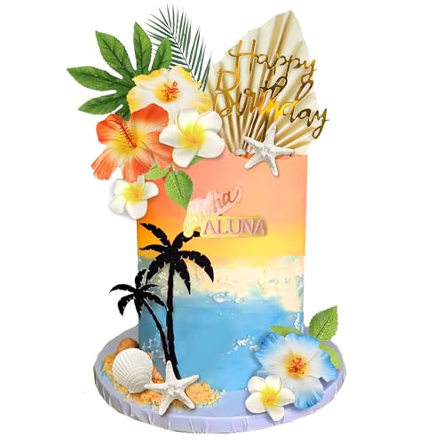 Summer Beach Cake Topper with Flowers Palm Leaves Starfish for Swimming Beach Luau Birthday Supplies (Style 1) by DRWATE - Used condition - US$7.51