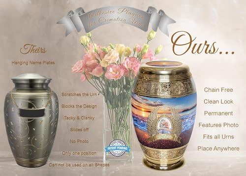 Image of Custom Engraved Ribbon Adhesive Plaque - Chain Free Urn Plate & Engraved Urns for Ashes Adult Male & Urns for Human Ashes Adult Female - Patent Pending (Scrolling Ribbon)