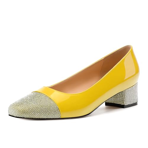 Womens Low Block Heel Pumps, Sqaure Toe Chunky Heel Pumps for Women, Color Blocking Office Daily Shoes