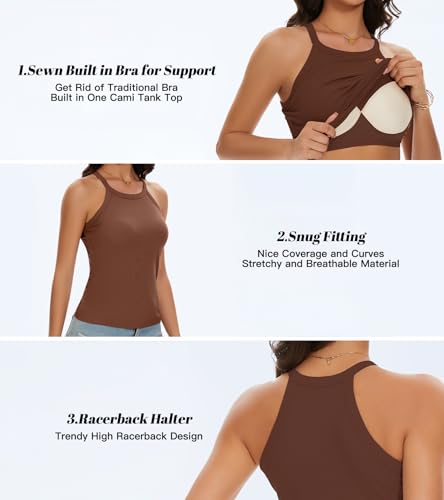 Image of Womens Racerback Ribbed Tank Top Camisole with Built in Bra Sport Yoga Top | Ribbed Top with Built in Bra,Not Removable,Slim Fitted,Halter Top Shirt,Sleeveless High Neck,Racerback,Sports Run Yoga Travel