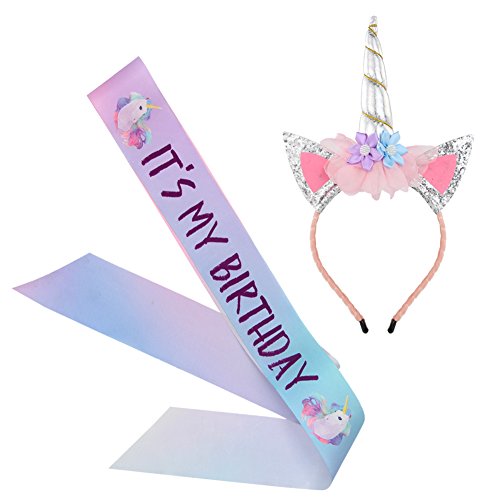 Beinou Unicorn Birthday Set, Shiny Unicorn Headband and Birthday Sash Set Perfect Unicorn Theme Birthday Party Supplies