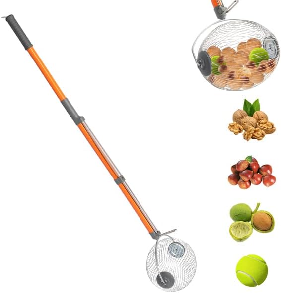 Nut Gatherer Roller, Nut Picker Upper for Pecans, Acorns, Hickory Nuts, Sweet Gum Balls, Golf Balls, Stainless Steel Nut Collector with Adjustable Handle, Yard Cleanup Tool