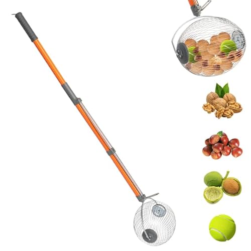 Nut Gatherer Roller, Nut Picker Upper for Pecans, Acorns, Hickory Nuts, Sweet Gum Balls, Golf Balls, Stainless Steel Nut Collector with Adjustable Handle, Yard Cleanup Tool