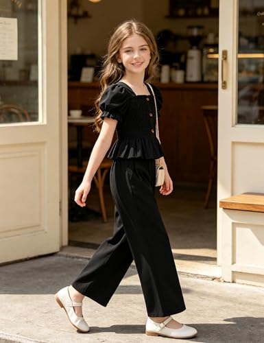 Image of Girls Clothes Solid Color Square Collar Stretch Top and Wide Leg Pants Clothes for Teen Girls 6-14Y