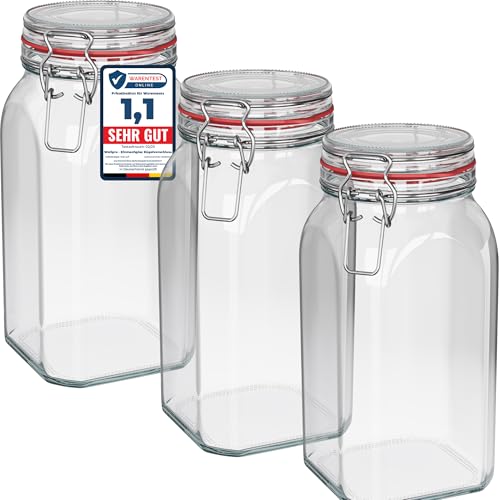 WELLGRO Einmachgläser mit Bügelverschluss eckig, Fermentierglas, Vorratsgläser mit Deckel, Bügelglas - Gläser mit Deckel Made in Germany (1540ml x 3 Stück)