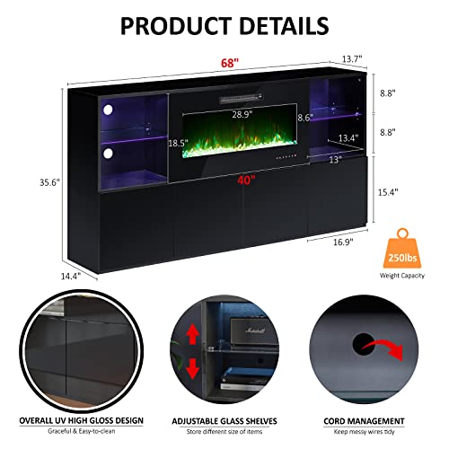 Fireplace TV Stand for TVs up to 75", Modern High Gloss Entertainment Center with 40" Fireplace, 4 Shelves & Storage Cabinets, Media Console Table 68 Inches, Black - Image 7