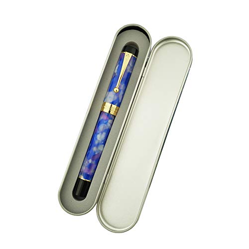 (ジンハオ) Jinhao クラシック万年筆 ブルーパープルセルロイド アクリル ゴールドトリム 細字ペン先 コンベターとペンケースセット