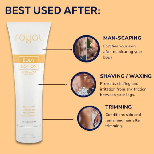 Royal Manscaping Body Lotion – Ball Moisturizer for Men - Natural After Shave Cream, Anti-Chafing, Anti-Itch - Vegan, Organic with Shea Butter, Aloe Vera, Vitamin E, Green Tea 8.5 fl oz