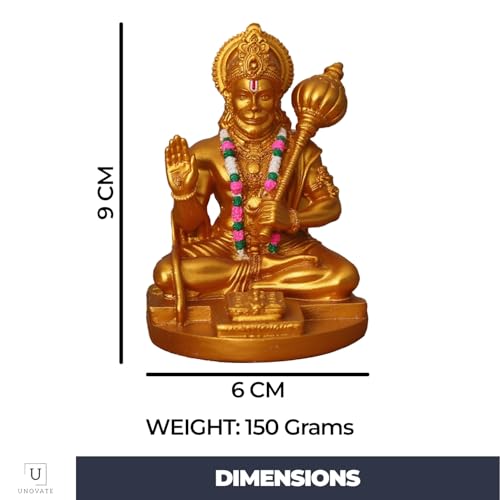 Image of UNOVATE Lord Hanuman Idol for Car Dashboard, Home, Office Desk - Hanuman Murti for for Pooja, Temple Showpiece, Decoration, Festivals and Gifting. (9cm, Golden Colour with Coloured mala)
