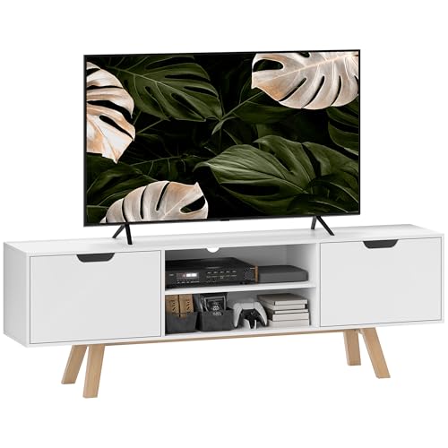 HOMCOM TV-Schrank, Fernsehtisch für Fernseher bis zu 65 Zoll, Lowboard mit 2 Schränken und 2 Regalebenen, Fernsehschrank für Wohnzimmer, 150 x 39 x 50 cm Weiß
