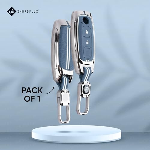Image of SHOPOFLUX Metal Key Cover Compatible with Nissan Magnite 2 Button Smart Key (Metal Silicone Blue)