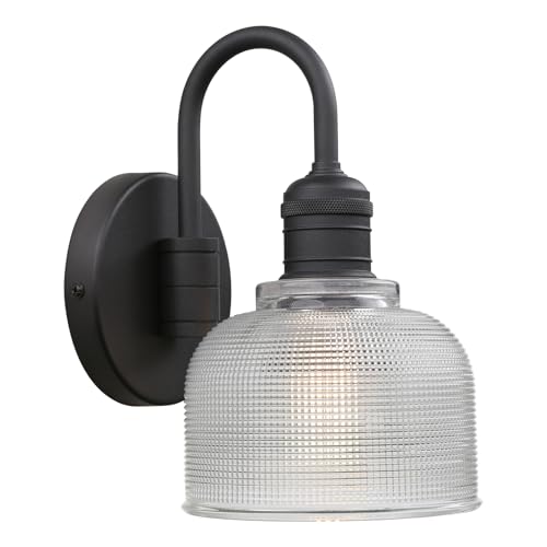 Image of Yosoan Brass Boho Vintage Wall Sconce with Striped Shade, 1-Light Modern Vanity Light Industrial Single Wall Mounted Hardwired Bowl Texture Glass Shade for Living Room Bedroom Kitchen Hallway(Black)