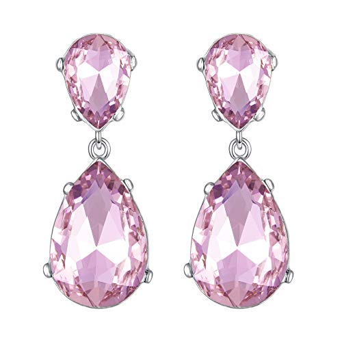 EVER FAITH Women's Austrian Crystal Wedding Teardrop Pierced Dangle Earrings Pink Silver-Tone
