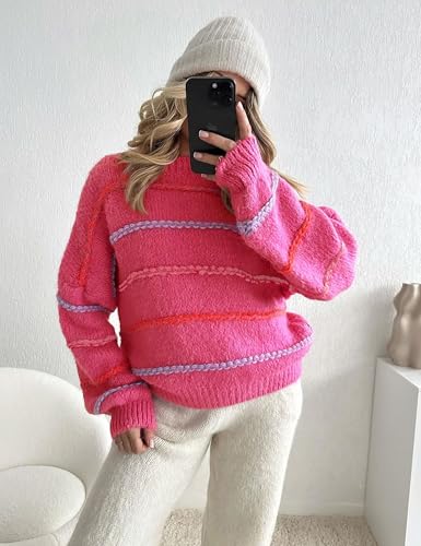 Image of QIBABU Womens Striped Sweaters Casual Lantern Sleeve Color Block Knit Pullover Sweater Tops