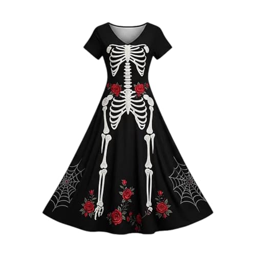 XOGWVJ Halloween Dresses for Women Skeleton Print Gothic Maxi Dress Short Sleeve Costume Party Outfit Renaissance Medieval christmas party dresses for women Black XS - image 4