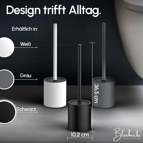 BLUEBRICKS® Klobürste Silikon schwarz mit Edelstahl Griff & Halter - Antibakterielle Design Toilettenbürste mit WC Bürstenhalter - geruchsneutral - WC Bürste Silikon mit Spritzschutz