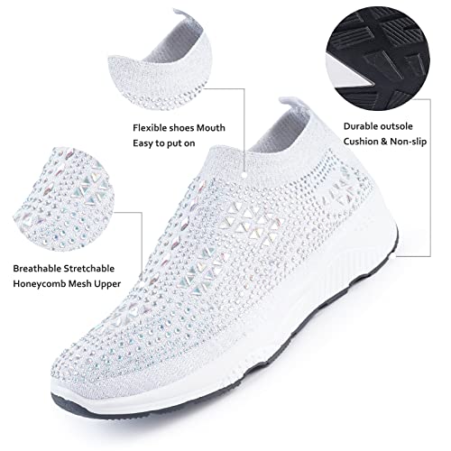 Montana West White Slip On Sneakers For Women Glitter Rhinestone Sock Shoes Womens Walking Shoes Slip Resistant Breathable Comfortable For Workout Ballroom Jazz Latin Dance 1903Wt-10 #TOP3