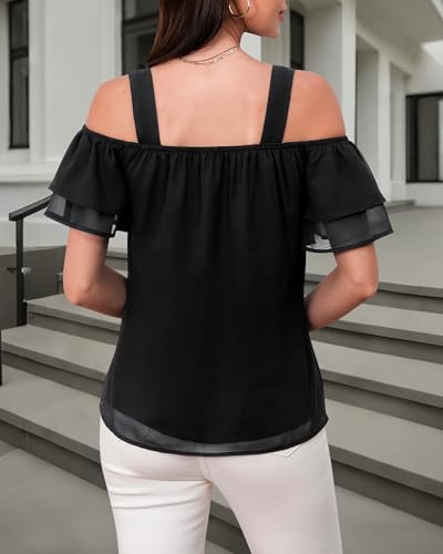 Women's Casual Tops Short Sleeve Cold Shoulder Shirts Loose Square Neck T Shirts Blouse2