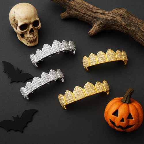 Soulchen 2 Set Vampire Teeth Silver Gold Diamond Grills for Your Teeth for Men Women 18k Gold Plated Hip Hop Rapper Costume Halloween Cosplay Extra Molding Bars3