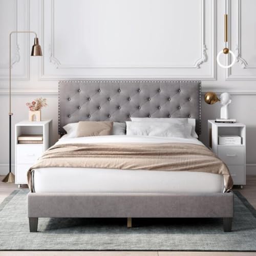 Image of Julius Upholstered Bed King Size Without Storage Solid Sheesham Wood | Modern Premium Fabric Upholstery Cushion Headboard | King Bed for Bedroom Wooden Double Bed Cot 78x72 Inch King