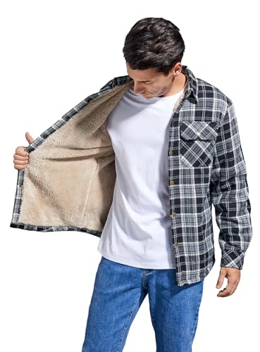 Image of Men's Sherpa Cotton Flannel Shirt Jacket Plaid Button Coat Pocket