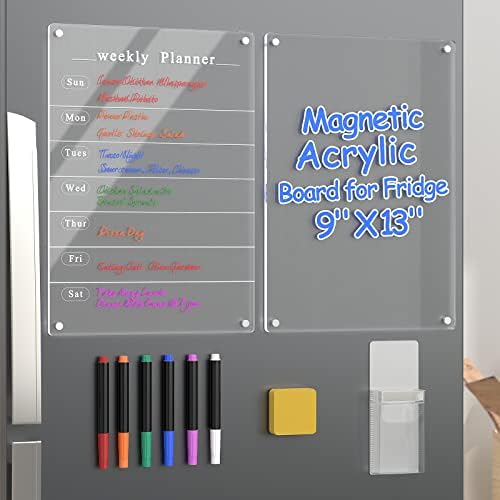 2 Pcs Magnetic Weekly Calendar for Fridge, Polegas 9"x13" Acrylic Magnet Dry Erase Board, Small Week Meal Planner Board for Refrigerator, Clear Whiteboard Calendar for Student, Home, Office, School