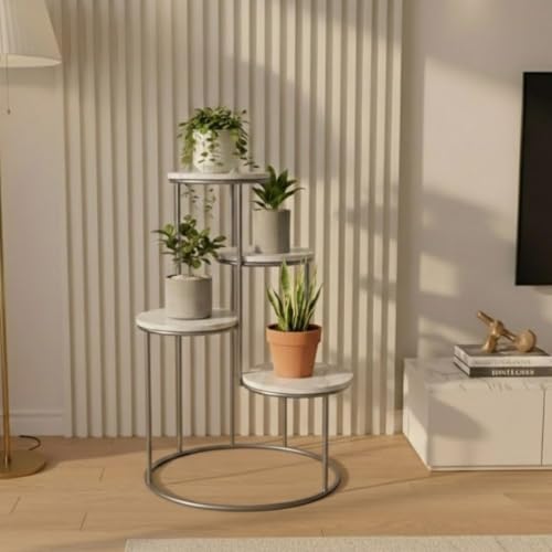 Image of Modern 4-Tier Plant Stand Indoor Metal & Wood | 60 cm Tall Multi-Level Flower Pot Stand | Heavy Duty Corner Plant Rack for Living Room, Balcony, Garden | Decorative Plant Holder for Indoor Use (White Silver)