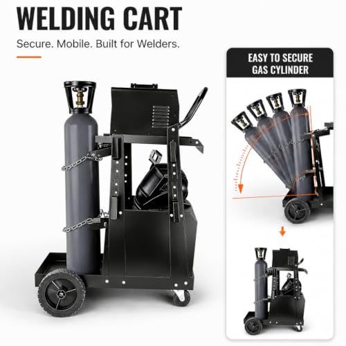 Image of Welding Cart, 2-Tier Heavy Duty Welder Cart with 265LBS Load Capacity, Lockable Anti-Theft Cabinet, Dual Cylinder Slots & Safety Chains, 360 Swivel Wheels for TIG /ARC /Plasma Cutters