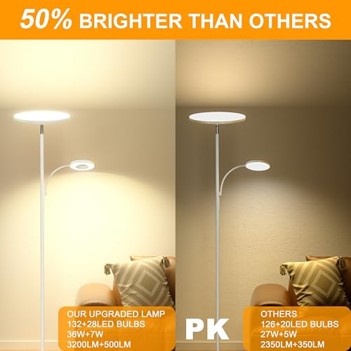 Image of marctronic White Floor Lamp, 42W 4000LM Super Bright LED Room Lamp with Adjustable Reading Light,Dimmable Modern Standing Lamp with Remote & Touch Control for Room Bedroom Office Floor Light