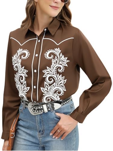 Western Cowgirl Shirts for Women Retro Floral Print Long Sleeve Cowboy Snap Button Down Tops