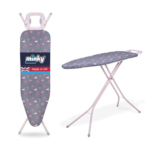 Large Ironing Board, Flamingo Pink, 122 x 38cm Ironing Surface, Angled Iron Rest, Adjustable Height up to 94cm, Foldable and Collapsible, Cover Included, Pink Frame