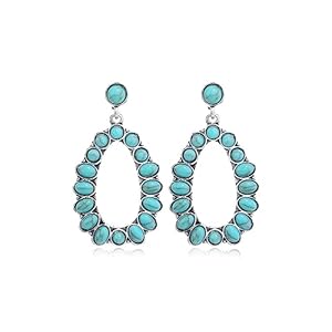 Bohemian Vintage Turquoise Oval Flower Drop Dangle Earrings Geometric Ethnic Teardrop Earrings Western Cowgirl Statement Jewelry