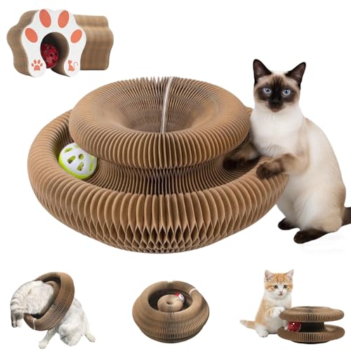 YCYATS Kitty Spin Griffoir en Carton Ondulé Multifonction avec Balle et Clochette, Planche à Griffer Pliable pour Intérieur et Extérieur, pour Jeu et Entretien des Griffes (C)