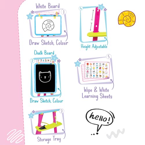 Image of Amazon Brand - Jam & Honey Easel Board I 5 in 1 Easel I Black and White Board with Chalk, Marker and Duster I with Stand|Education Toy for 3+ Year Kids (Magenta & Sky Blue)