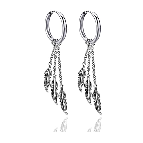 Punk Rock Stainless Steel Feather Drop Dangle Earrings Huggie Hinged Hoop Earrings,2PCS