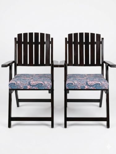 Image of WELL KNOWN Set of 2 Wooden Folding Chairs, Blue Cushion | Cushion Seat & Armrests, Walnut Finish Solid Wood, Patio, Balcony & Garden, Space Saving, Indoor Outdoor Furniture