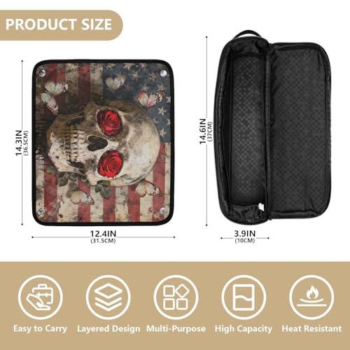 Bolso de viaje y estera resistente al calor para herramientas de cabello Hot Hair Tools, organizador impermeable para planchas y rizadores, diseño calavera retro y rosa roja portátil miniatura 4