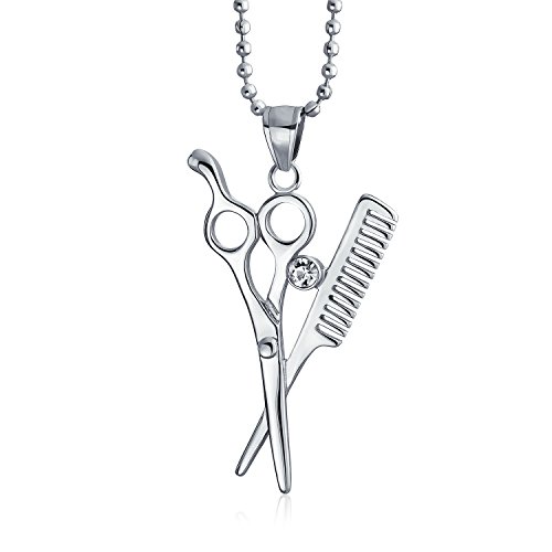 Bling Jewelry Cristal Peluquería Estilista Tijeras Colgante Collar De Peine para La Mujer Adolescente De Acero Inoxidable Tono Plata