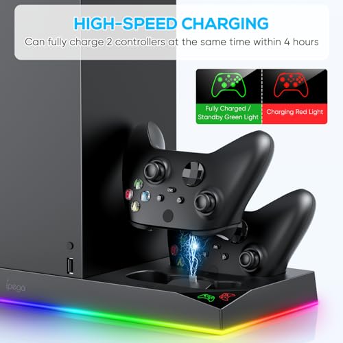 6in1 Vertical Cooling Stand with LED Light for Xbox Series X, for Xbox Series x Accessories with 2x1400mAh Batteries, Dual Controller Charging Dock Station & Headset Stand & 10 Game Slots