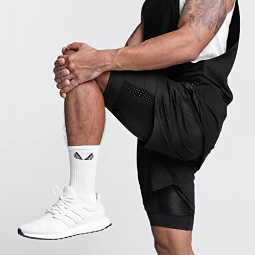 Shorts de corrida masculino de malha respirável 2 em 1 com manga de compressão furtiva, shorts atlét