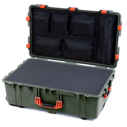 Pelican 1650 Case by ColorCase - OD Green - Large Sized Waterproof Case with Pick & Pluck Foam & Mesh Lid Organizer - Orange Handles & Latches
