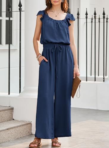 Dokotoo Jumpsuits for Women 2025 Summer Ruffle Sleeves Square Neck Rompers Drawstring Overalls with Pockets3